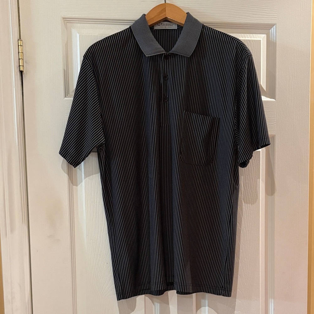 Classic Men's Black Pinstripe Polo with Gray Collar